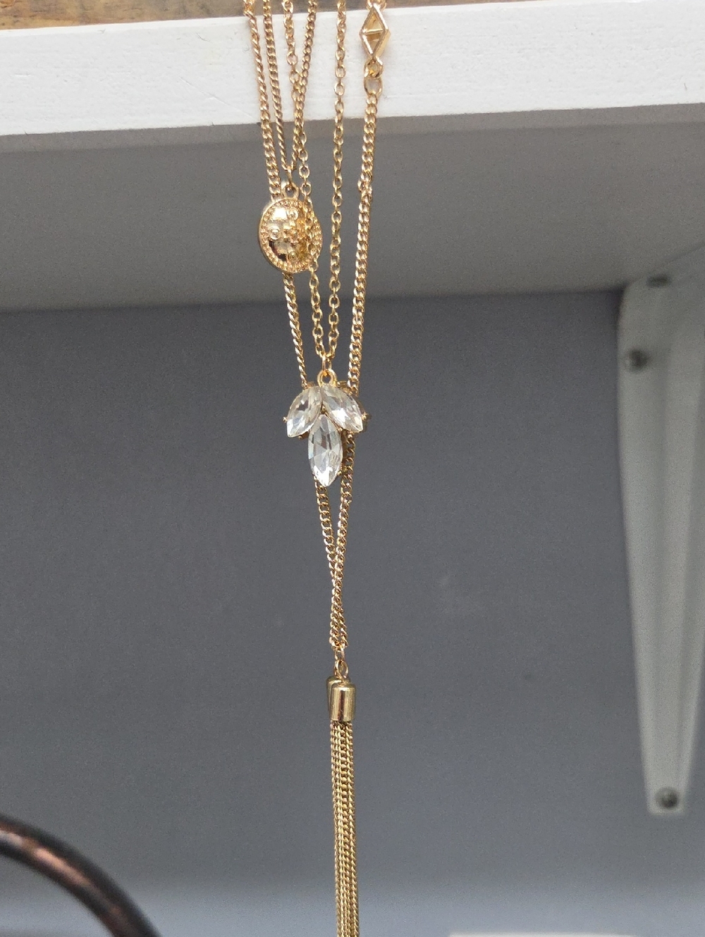 Gold-Tone Layered Pendant Necklace with Clear Crystal Accents